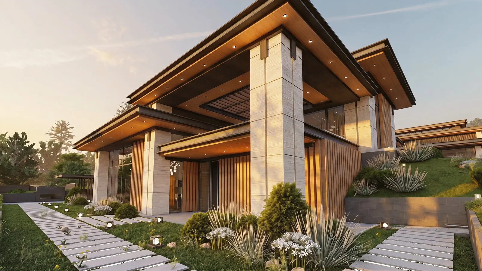 Входната страна на къща от Boutique Residence малко преди залез: слънцето огрява травертиновите колони и дъбовите ламели, лампите в градината още не светят