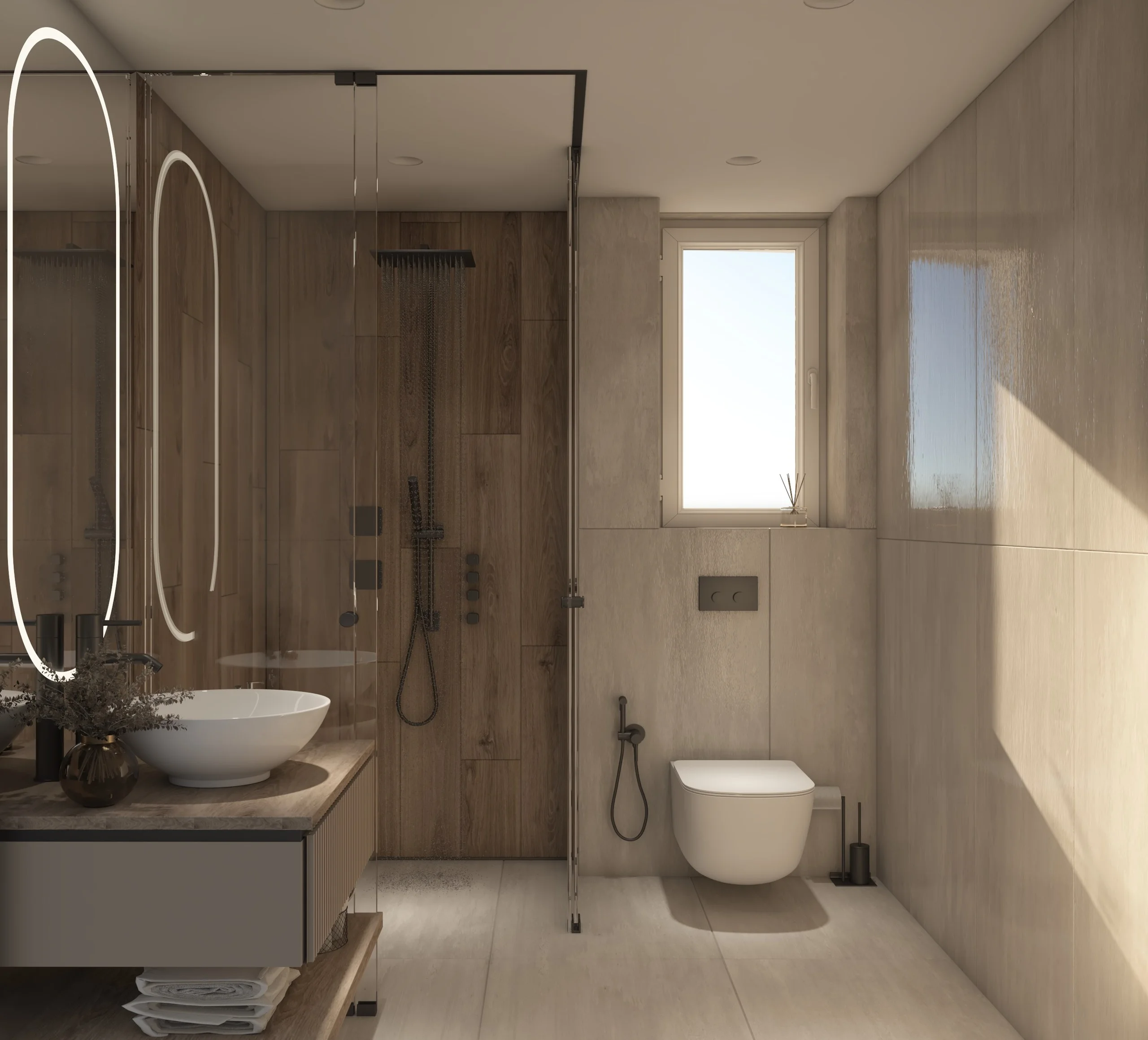 Визуализация на баня с плочки с дървесна шарка в душа, овални огледала с LED рамка и мивка върху дъбов плот